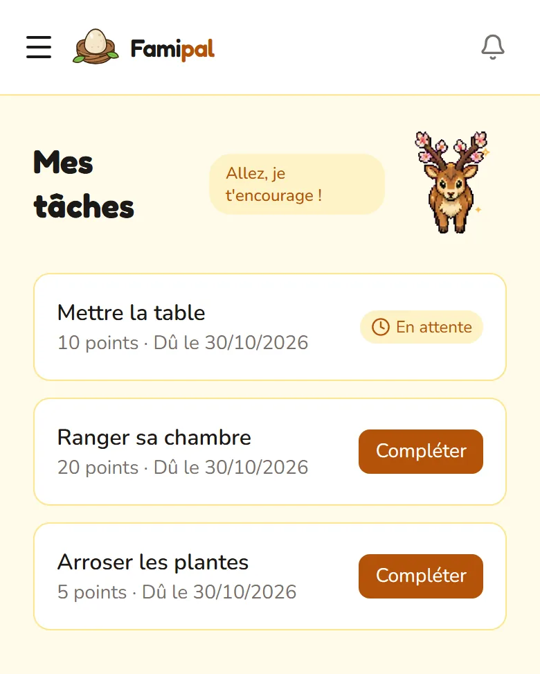 La liste de tâches d’un enfant, avec une tâche en attente de validation.