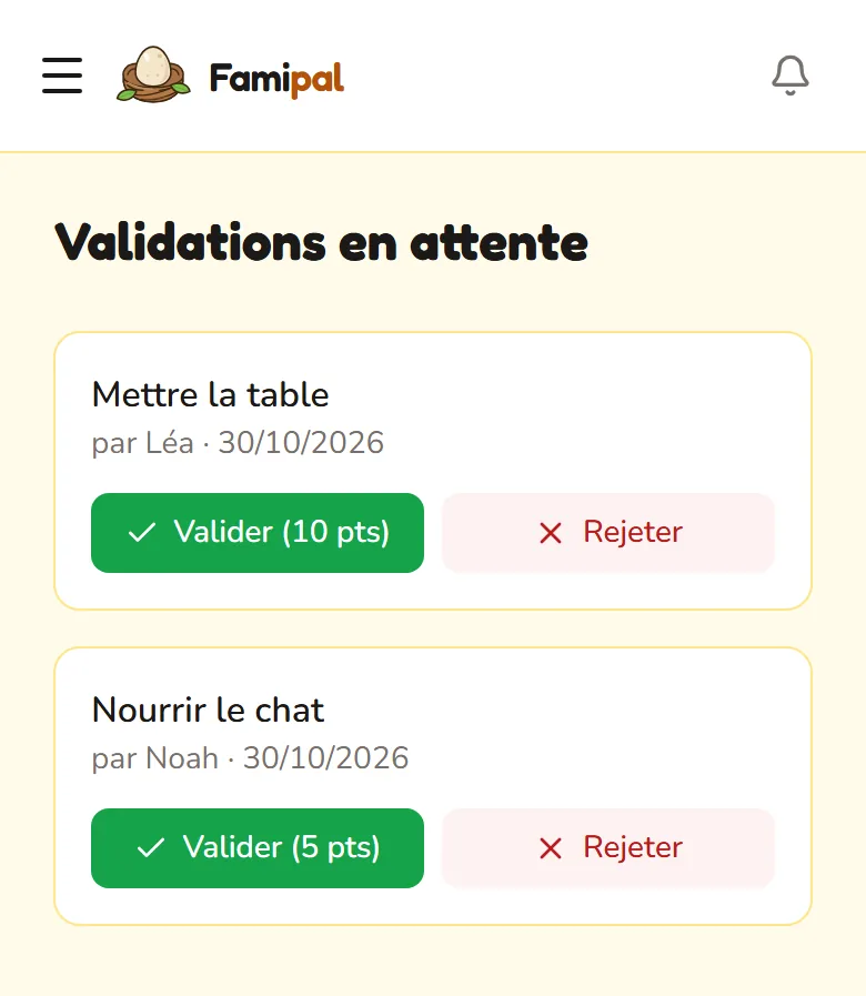 L’écran de validation d’un parent : deux tâches à valider ou refuser.